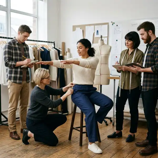 Apparel team evaluating garment comfort through movement and fit testing