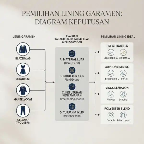 Diagram sederhana proses memilih furing berdasarkan jenis pakaian dan karakter kain
