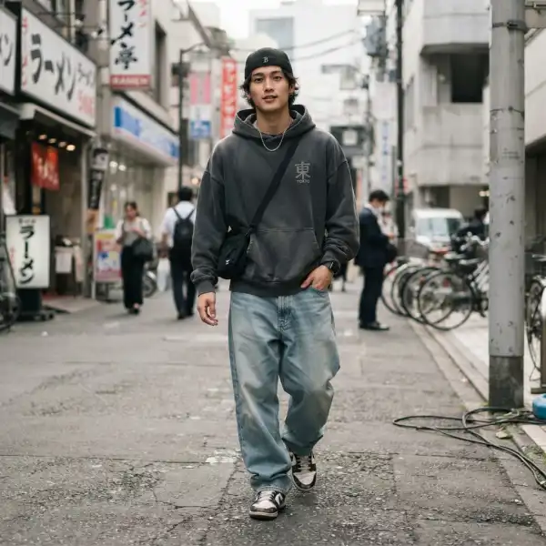 Inspirasi outfit hip hop modern dengan hoodie oversized, loose fit jeans, dan sneakers