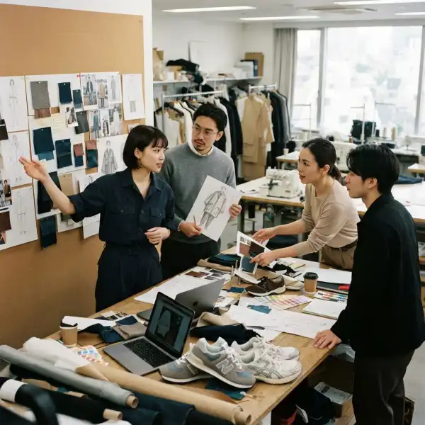 Tim kreatif fashion mengembangkan koleksi bergaya hip hop di studio desain modern