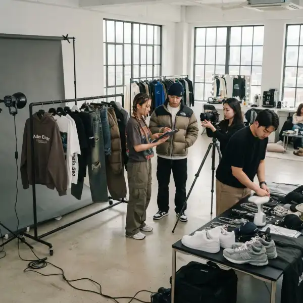 Tim kreatif menyusun lookbook koleksi hip hop fashion di studio foto