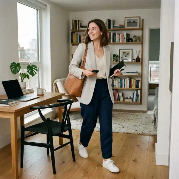 Professional wearing a versatile comfort-led outfit from home workspace to city meeting