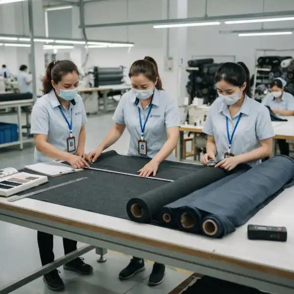 Tim quality control memeriksa kain utama dan kain furing sebelum proses pemotongan