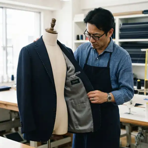 Penjahit memeriksa bagian dalam blazer dengan furing yang terpasang rapi