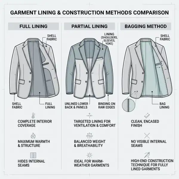 Perbandingan ilustratif full lining, partial lining, dan bagging method pada konstruksi pakaian Perbandingan ilustratif full lining, partial lining, dan bagging method pada konstruksi pakaian