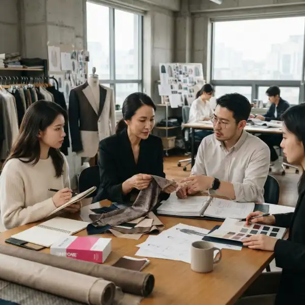 Tim fashion brand mendiskusikan pemilihan furing sebagai bagian dari pengembangan koleksi baru
