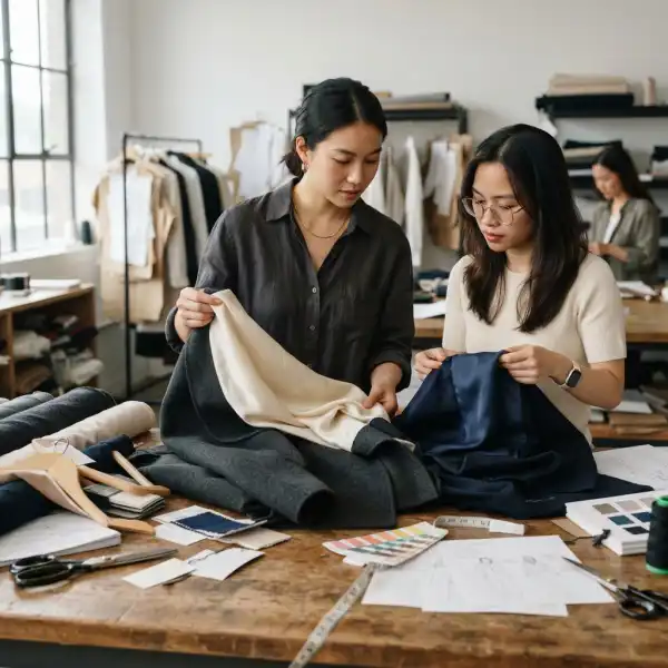 Desainer dan product developer membandingkan beberapa jenis kain furing dengan kain utama
