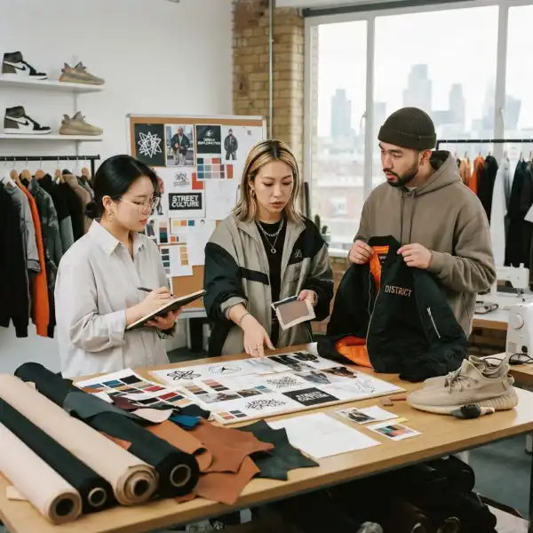 Tim fashion brand mendiskusikan koleksi hip hop dan streetwear di studio desain