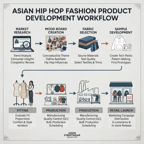 Proses pengembangan koleksi fashion bergaya hip hop oleh tim desain dan produksi