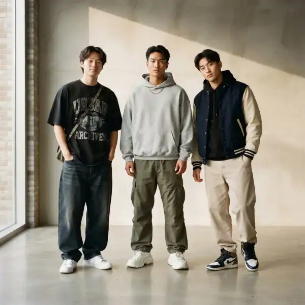 Berbagai pilihan atasan bergaya hip hop seperti oversized T-shirt, hoodie, dan varsity jacket