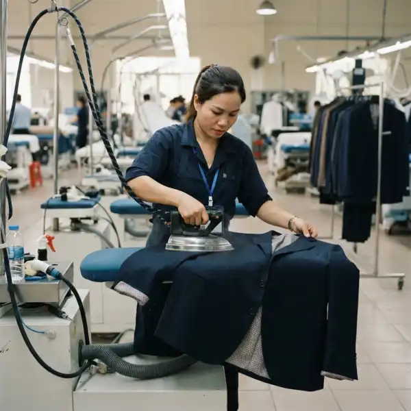 Operator garment melakukan proses pressing pada blazer dengan furing yang telah terpasang