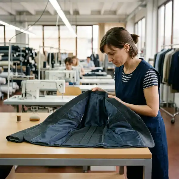 Petugas quality control memeriksa bagian dalam blazer setelah pemasangan furing Petugas quality control memeriksa bagian dalam blazer setelah pemasangan furing
