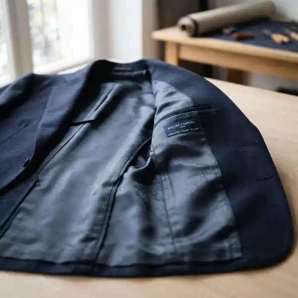 Tampilan bagian dalam blazer dengan furing terpasang rapi dan jahitan berkualitas