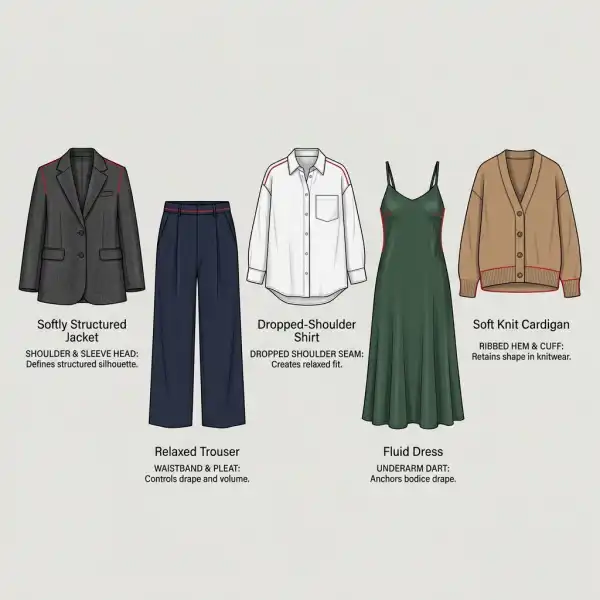 Comparison of soft jackets, relaxed trousers, shirts, dresses, and knitwear Comparison of soft jackets, relaxed trousers, shirts, dresses, and knitwear