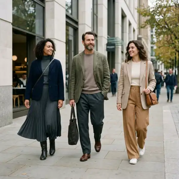 Adults wearing softly structured jackets and relaxed silhouettes in an everyday city setting Adults wearing softly structured jackets and relaxed silhouettes in an everyday city setting