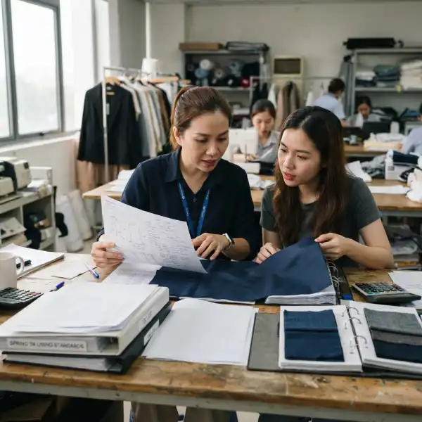 Tim quality control memeriksa kartu spesifikasi material furing dan sampel kain