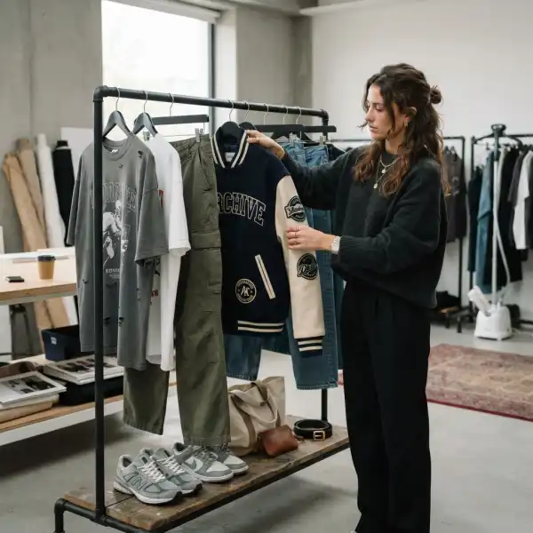 Fashion stylist menyusun kombinasi outfit hip hop modern untuk kebutuhan lookbook