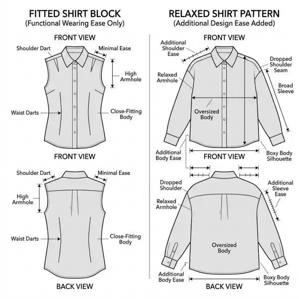 Pattern diagram comparing wearing ease and design ease in a relaxed shirt Pattern diagram comparing wearing ease and design ease in a relaxed shirt