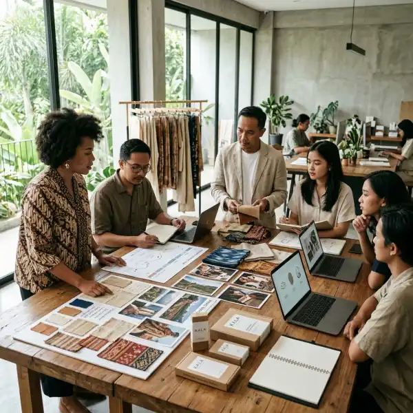 Tim brand fashion lokal menyusun strategi branding berbasis storytelling, riset budaya, dan identitas merek di studio kreatif