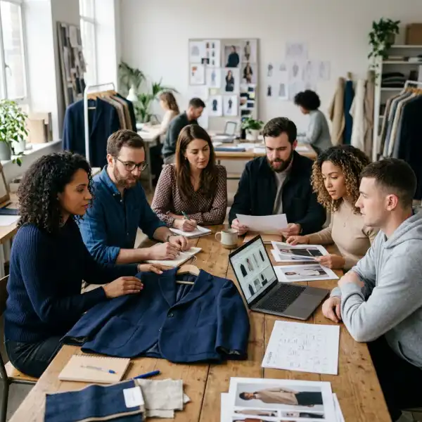 Cross-functional fashion team reviewing product launch readiness