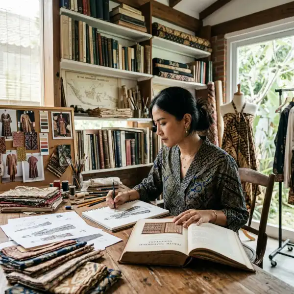 Desainer fashion mempelajari arsip sejarah dan ilustrasi sebelum mengembangkan desain kontemporer berbasis budaya Indonesia