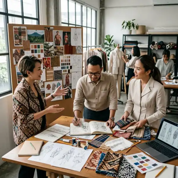Tim kreatif sebuah brand fashion Indonesia mendiskusikan konsep koleksi berbasis riset budaya