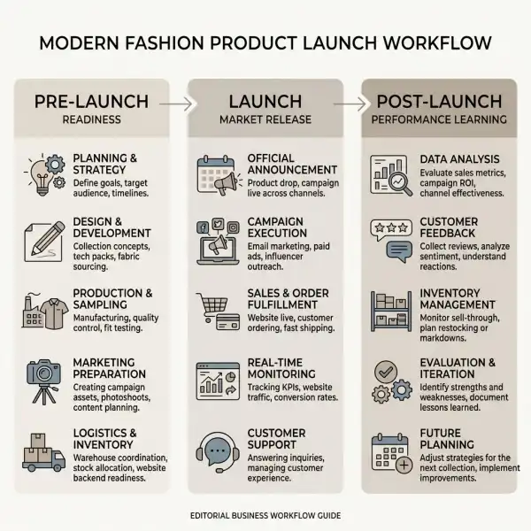 Three-phase fashion launch workflow covering pre-launch, launch, and post-launch activities
