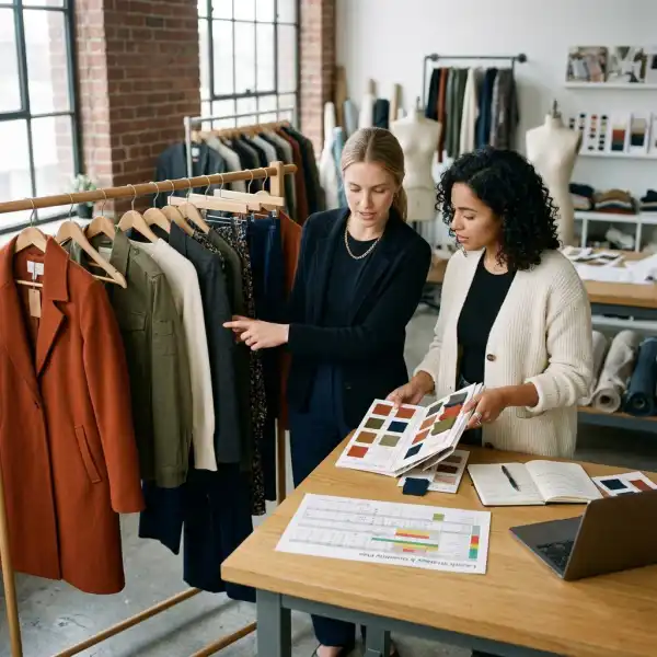 Fashion merchandisers reviewing garment samples and launch assortment quantities