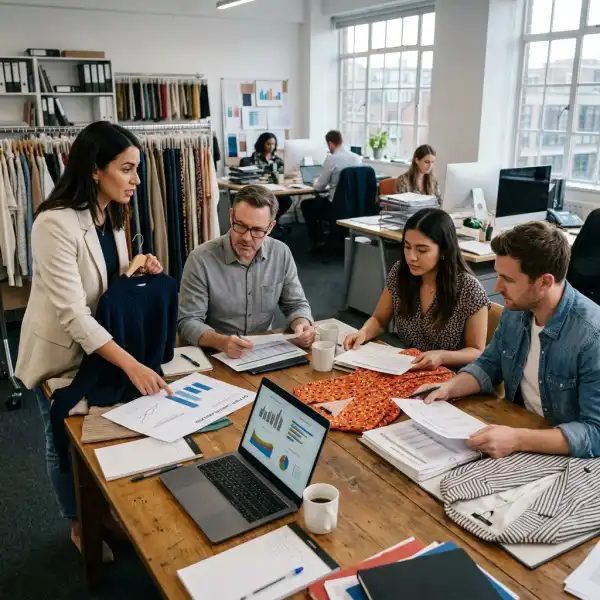 Fashion team reviewing product sales, returns, and customer feedback after launch