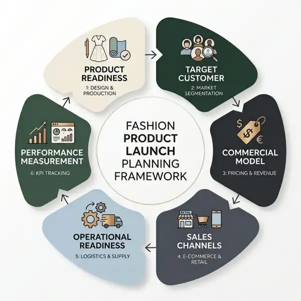 Fashion product launch planning framework covering product, customer, commercial, channel, operations, and measurement