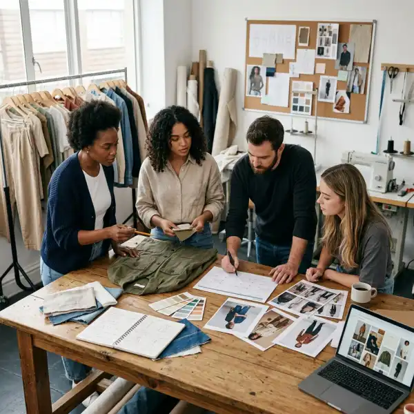 Fashion brand team planning a new clothing collection launch in a design studio