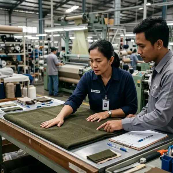 Proses inspeksi kain rompi setelah melalui tahap finishing di pabrik tekstil