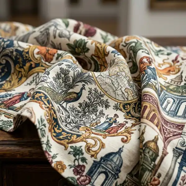 Detail motif tekstil yang terinspirasi dari arsip sejarah dan ilustrasi budaya Indonesia
