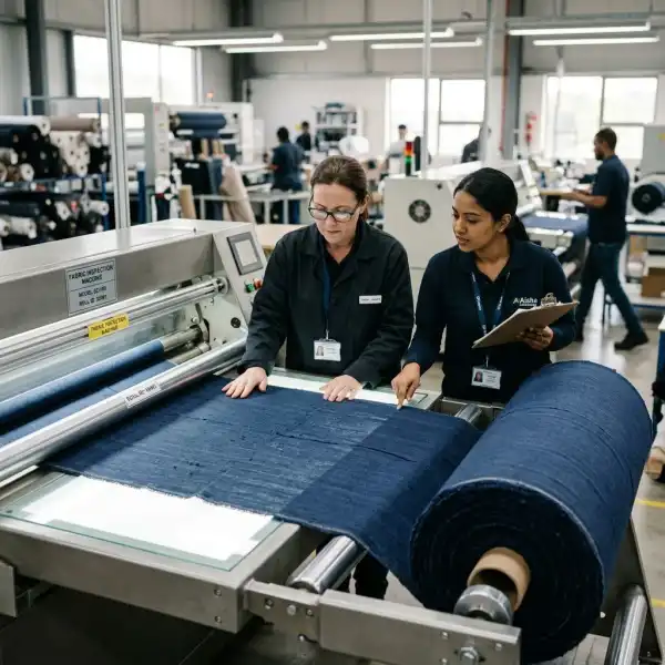 Pemeriksaan kualitas bahan rompi di bagian inspeksi kain sebelum proses produksi