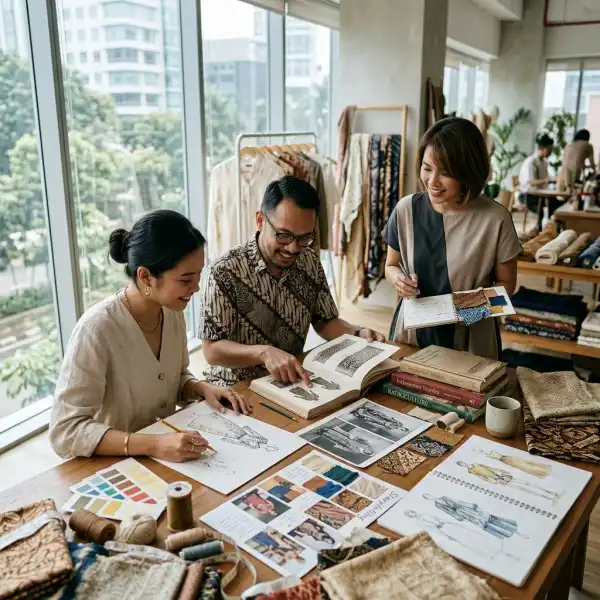 Desainer dan tim brand fashion berdiskusi mengembangkan koleksi berbasis riset budaya, sejarah, dan storytelling untuk membangun identitas merek
