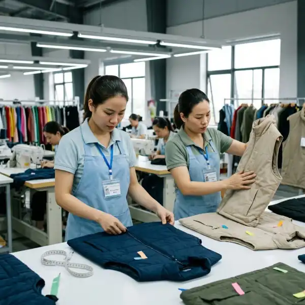 Pemeriksaan kualitas rompi pada lini produksi garmen
