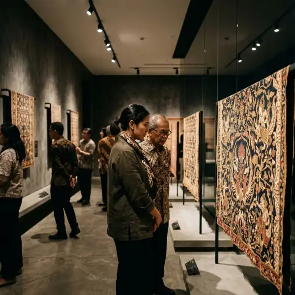Pengunjung melihat karya tekstil dan ilustrasi sejarah pada pameran bertema 1830 Wearing Our Stories