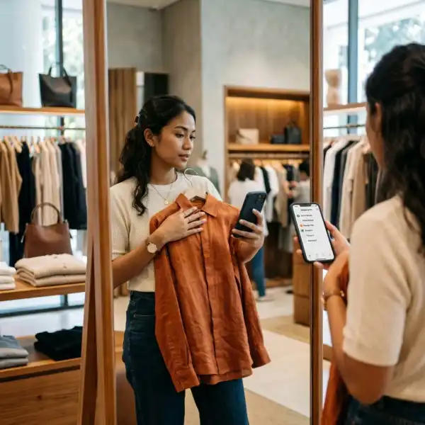 Seseorang memeriksa kombinasi warna outfit sebelum membeli pakaian di toko fashion