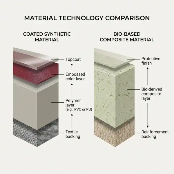 Layered construction of coated textile and bio-based leather alternatives
