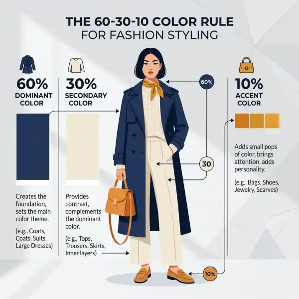 Diagram sederhana yang menjelaskan aturan proporsi warna 60-30-10 dalam styling outfit