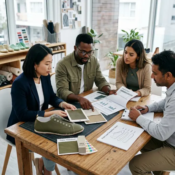 Fashion buyer reviewing genuine and vegan leather specifications with a product developer