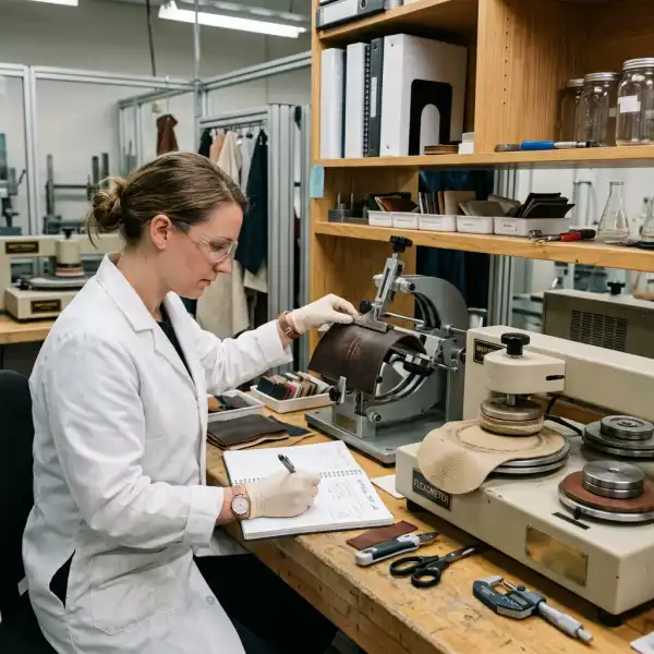 Fashion material swatches undergoing flex and abrasion testing in a quality laboratory