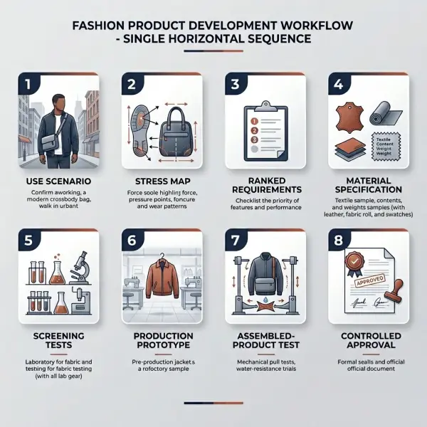 Eight-step material selection workflow for bags, shoes, and outerwear
