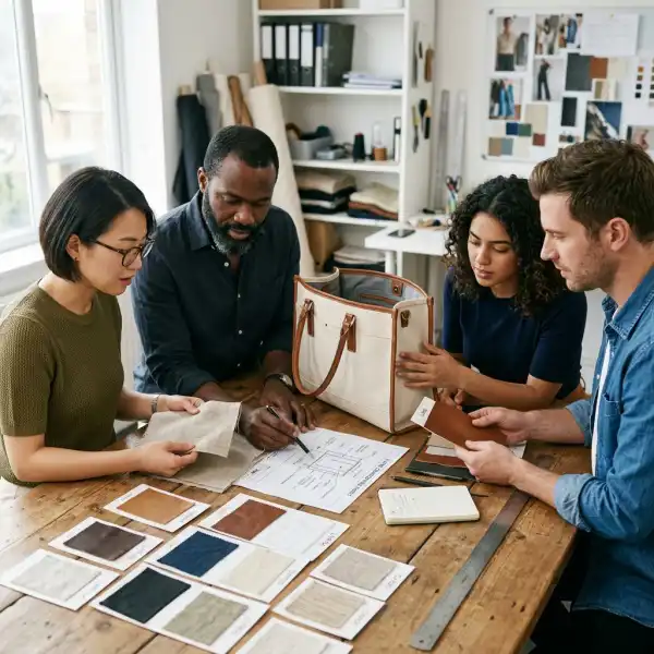 Fashion sourcing team reviewing leather alternative specifications and product prototypes