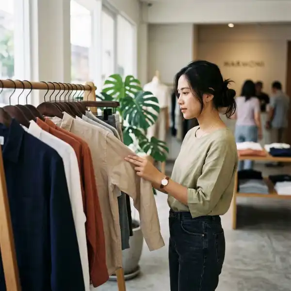 Konsumen memilih pakaian nyaman di sebuah toko fashion modern di Indonesia