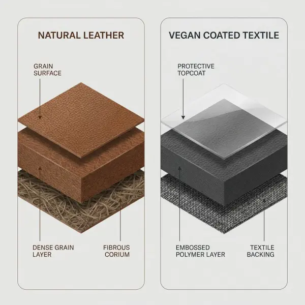 Cross-section comparison of genuine leather and coated vegan leather