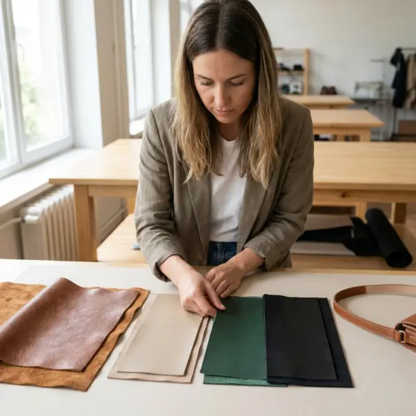 Genuine leather and vegan leather swatches compared by a fashion material buyer