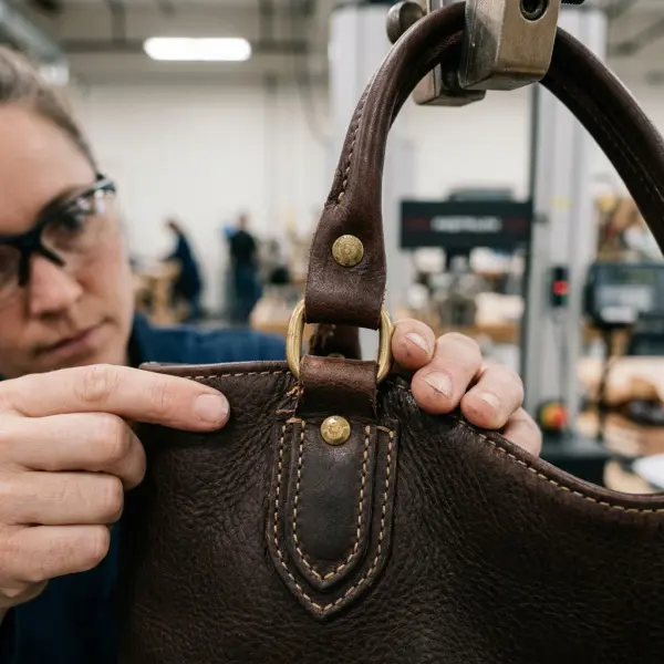 Technician inspecting the reinforced handle attachment of a loaded handbag