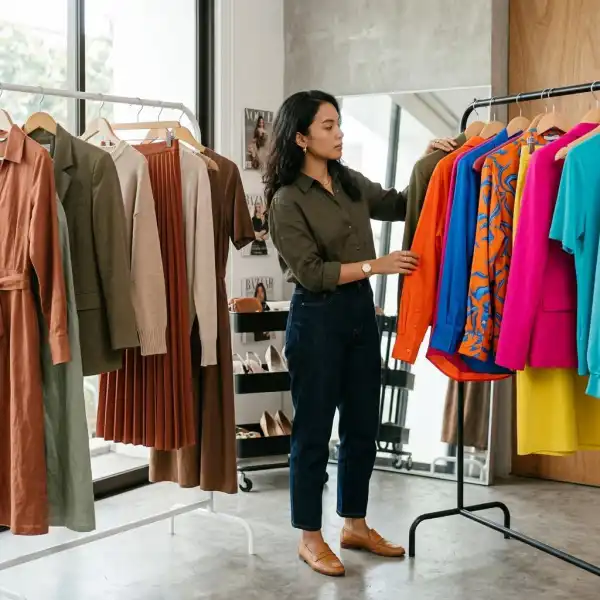 Perempuan berkulit sawo matang membandingkan dua outfit dengan kombinasi warna yang berbeda
