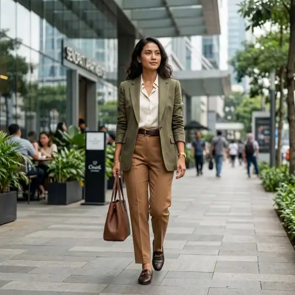Model perempuan Indonesia berkulit sawo matang mengenakan outfit bernuansa earth tone dengan kombinasi warna yang harmonis